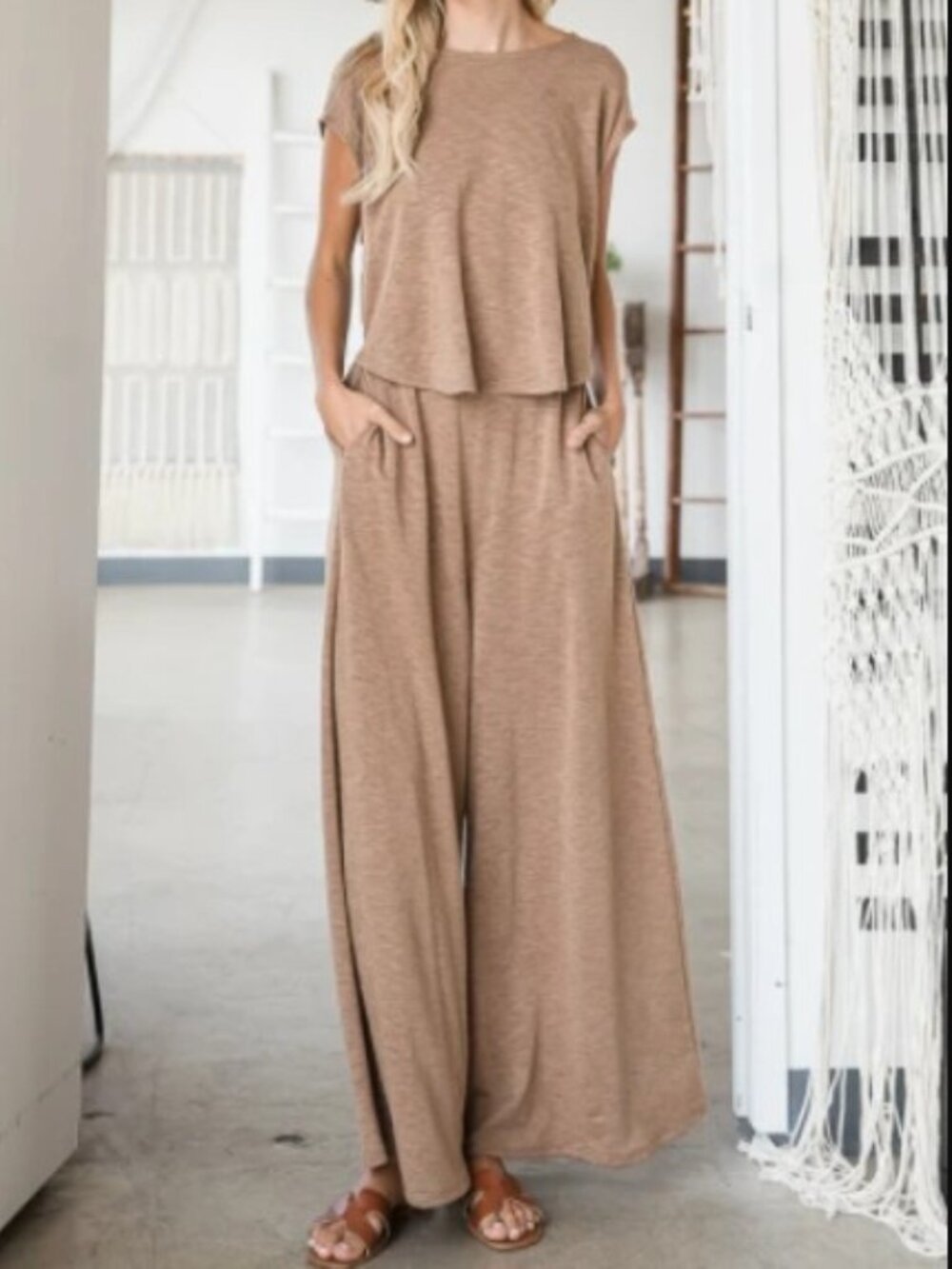 BucketList Open Front Wide Leg Jumpsuit Romper Women's Small Mocha Boho Chic